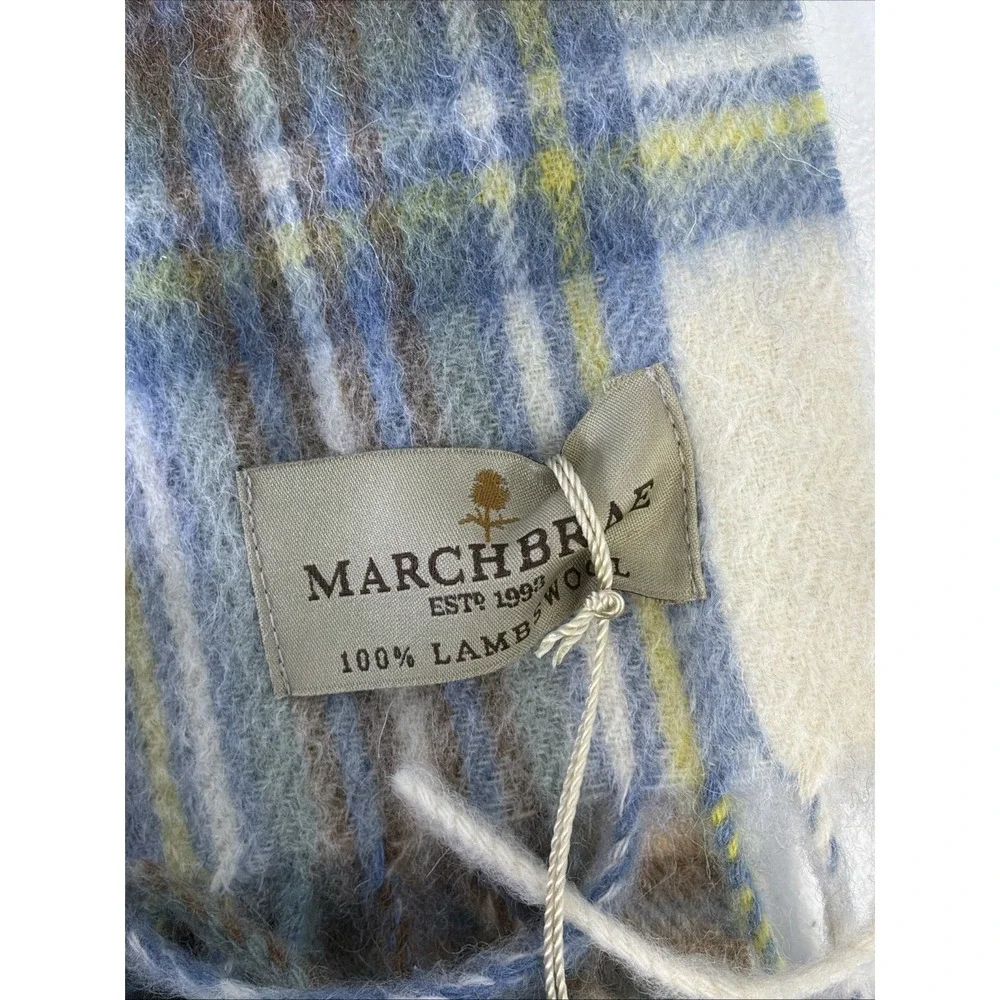 New Marchbrae Scarf 10x66 100% Lambswool Grey Light Blue Plaid Gorgeous Soft
